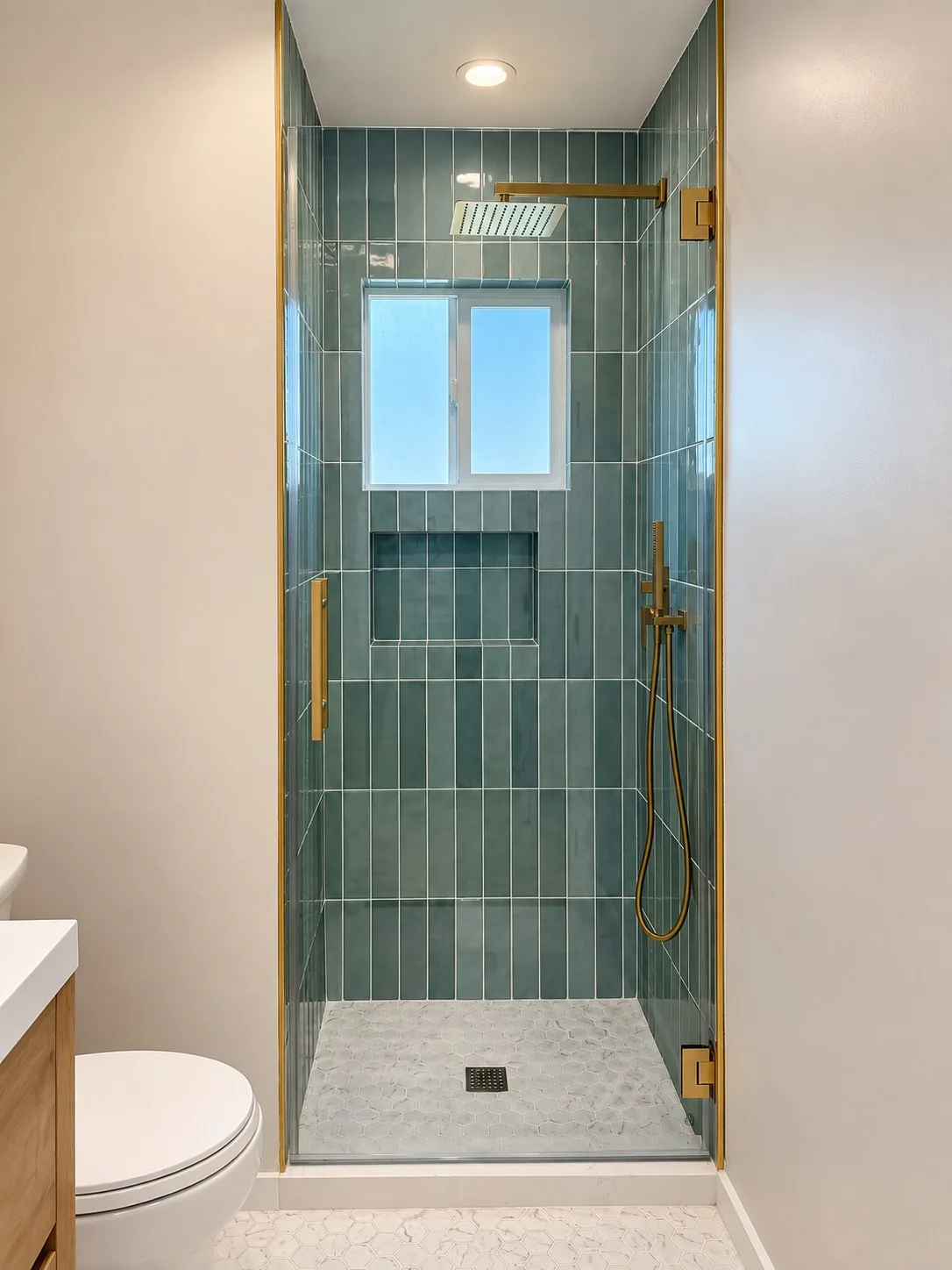 Finished ADU shower with stacked green tile and brass fixtures