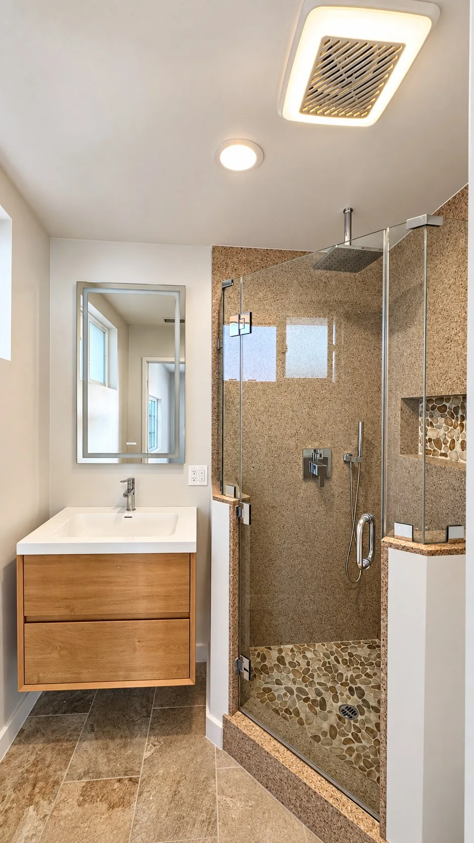 Finished ADU vanity with lit mirror beside a glass shower enclosure