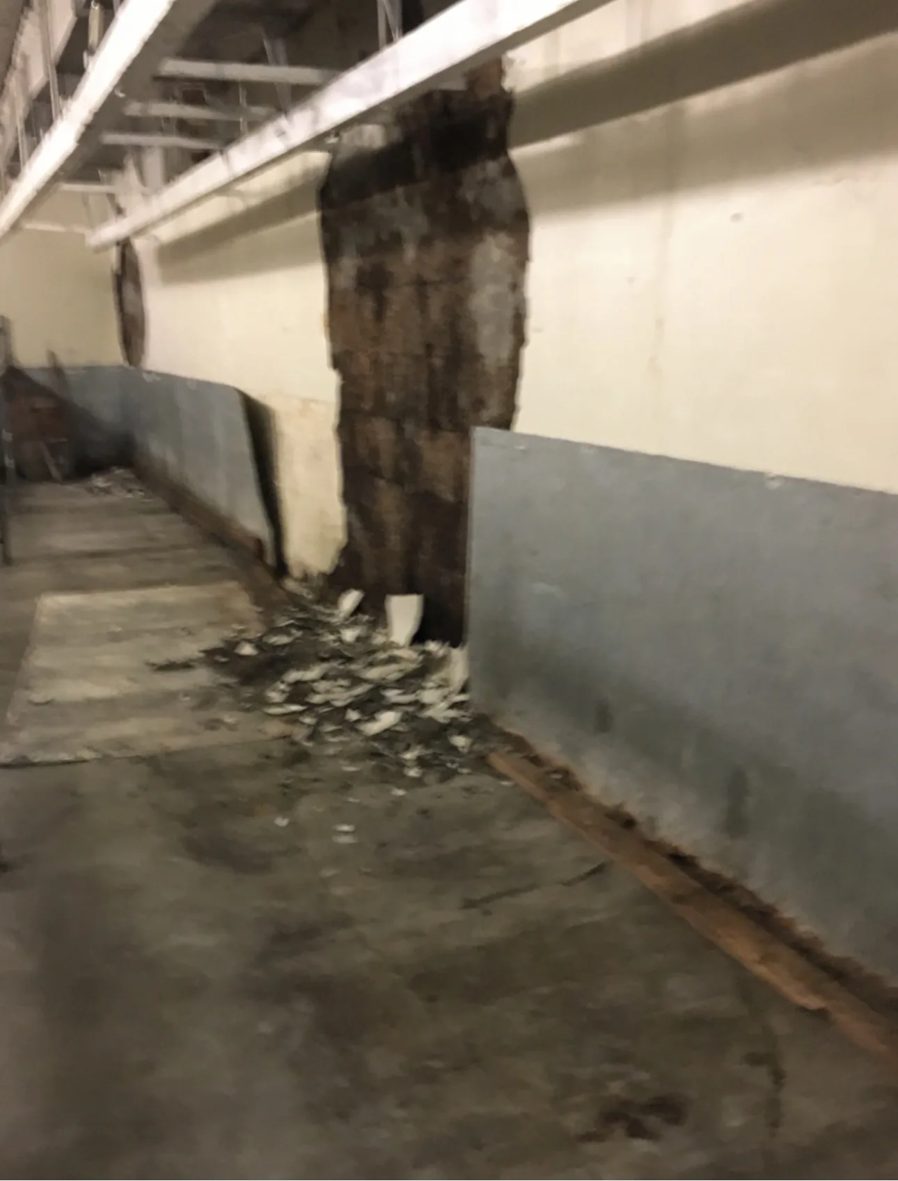 Deteriorated cork insulation inside commercial walk-in refrigeration unit
