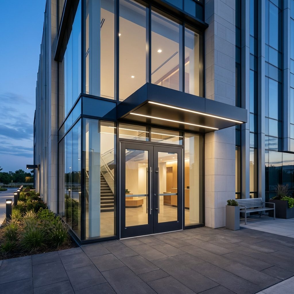 Commercial building entrance with storefront doors