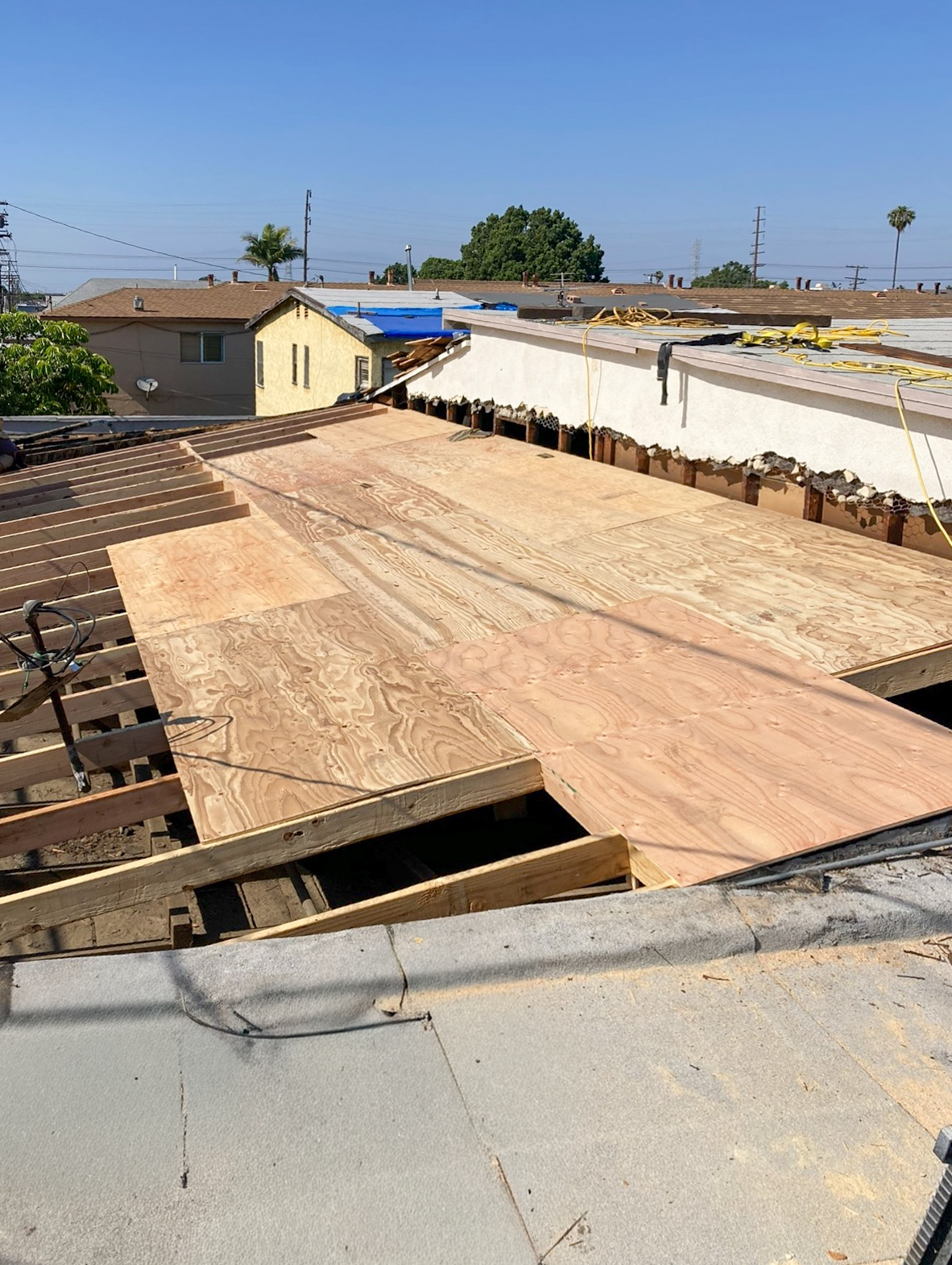 New rafters and plywood sheathing installed during flat roof repair