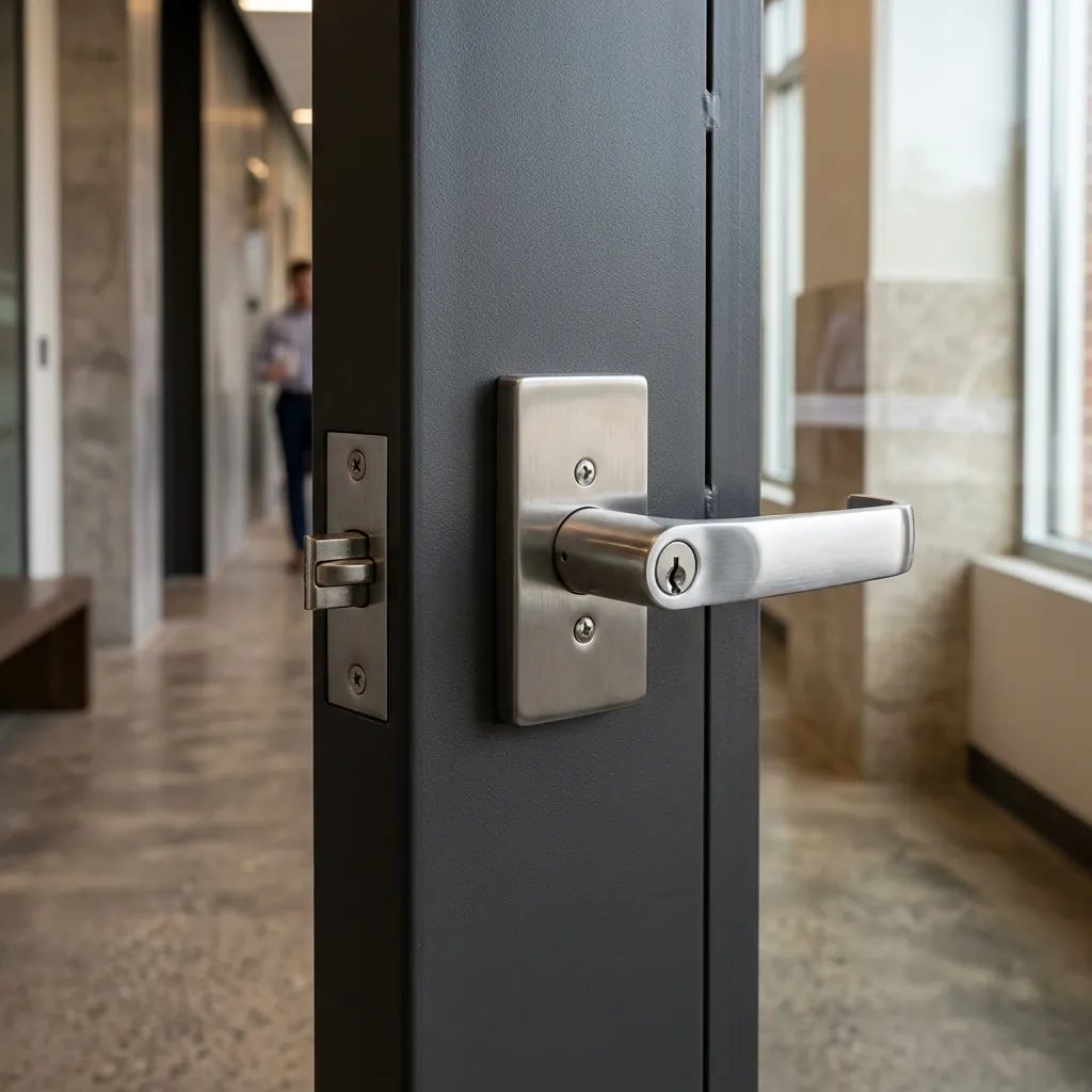 Representative commercial hollow metal door with lever lockset and deadbolt in an institutional corridor
