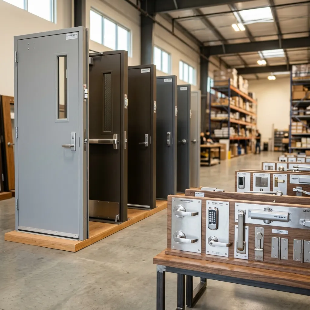 Representative hollow metal doors and finish hardware staged in a distribution warehouse